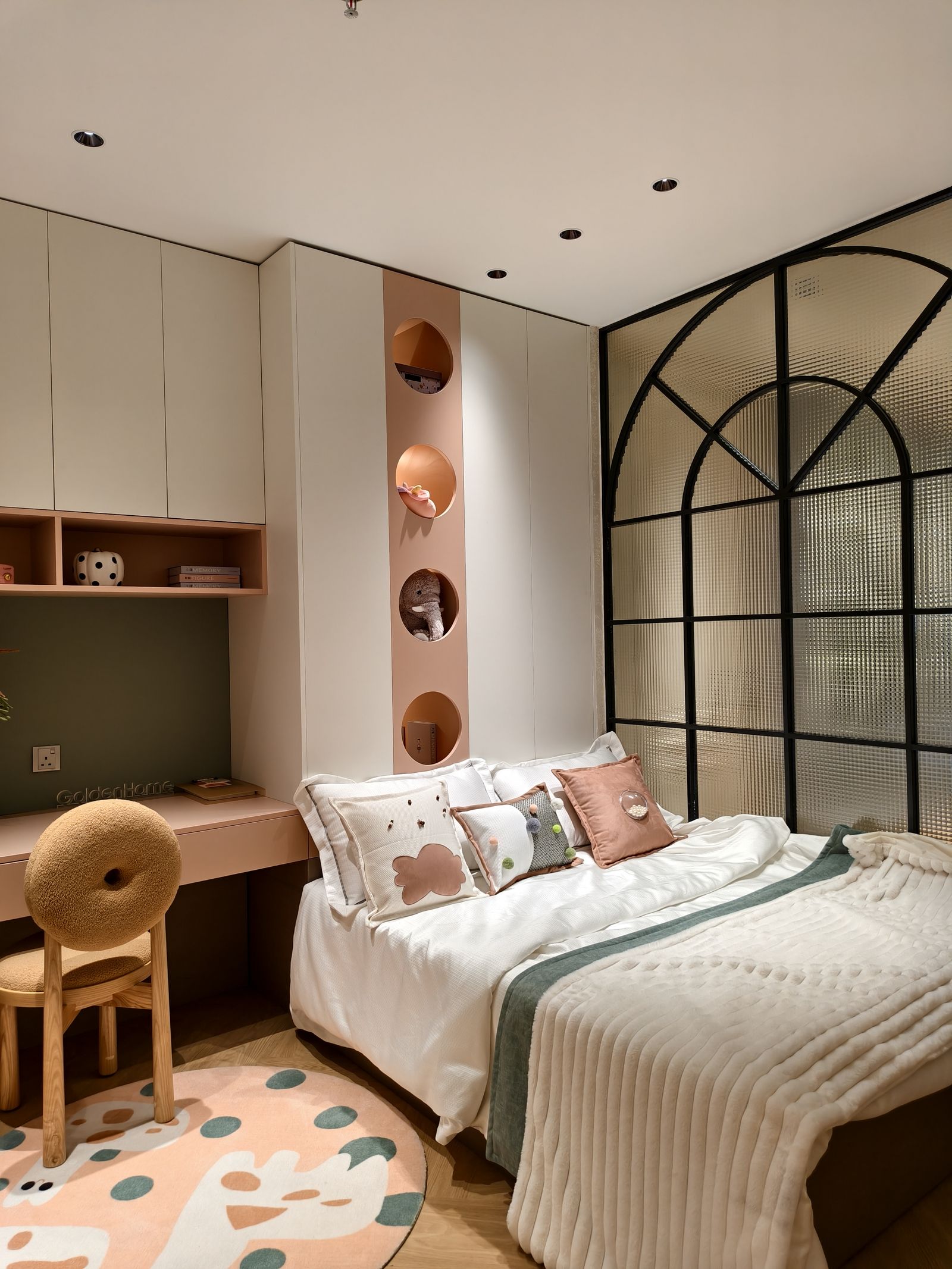 Bedroom with soft peach and sage colour palette showing Colour Energy Design principles