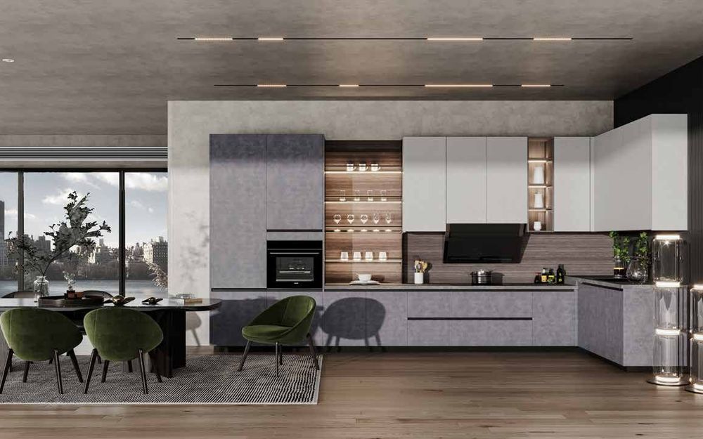 Modern open kitchen with hygienic easy-clean cabinet surfaces