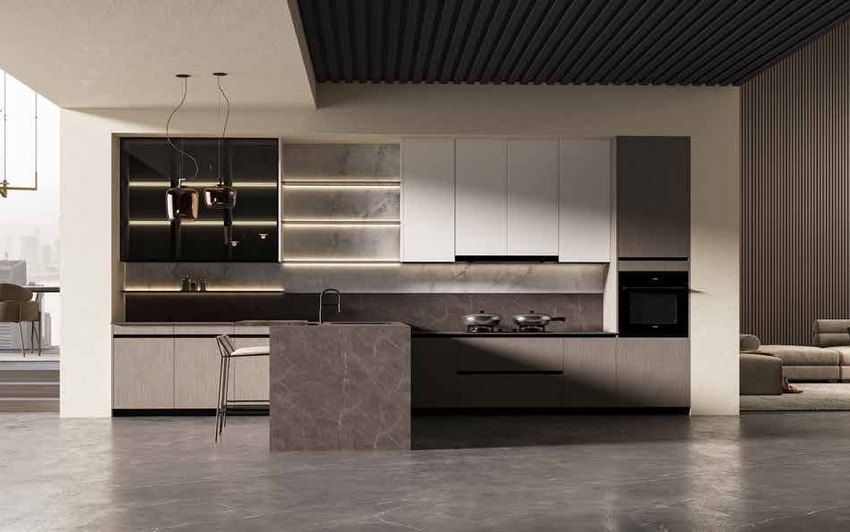 Kitchen island with deep stone countertop offering generous preparation space