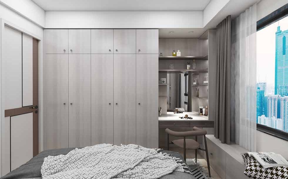 Bedroom wardrobe with integrated dressing desk built to comfortable working height