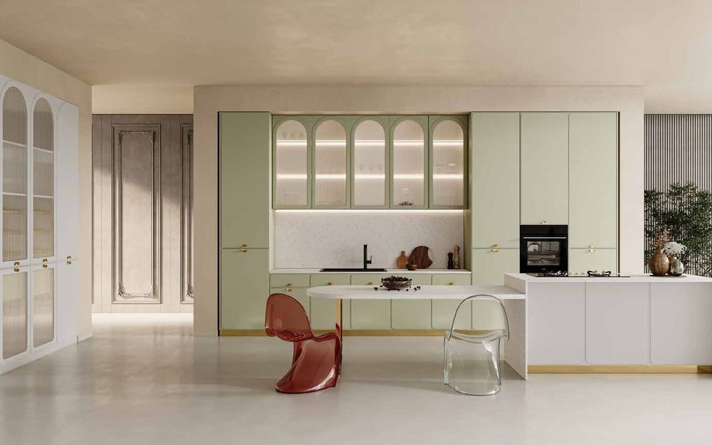 Mint-green kitchen with island sink showcasing waterproof sink cabinet construction